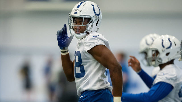 INDIANAPOLIS, IN - MAY 03: Indianapolis Colts linebacker Bobby Okereke (58) runs through a drill during the Indianapolis Colts rookie camp on May 3, 2019 at the Indiana Farm Bureau Football Center in Indianapolis, IN.