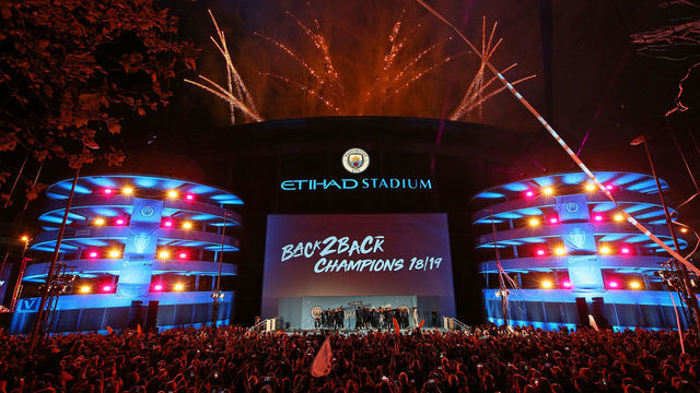 MANCHESTER, ENGLAND - MAY 12: A general view outside the stadium as the players of Manchester City celebrate in front of their fans with the trophy after winning the Premier League title at the Etihad Stadium on May 12, 2019 in Manchester, England.