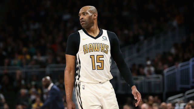 MILWAUKEE, WISCONSIN - APRIL 07: Vince Carter #15 of the Atlanta Hawks walks across the court in the third quarter against the Milwaukee Bucks at the Fiserv Forum on April 07, 2019 in Milwaukee, Wisconsin.