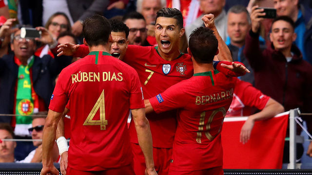 PORTO, PORTUGAL - JUNE 05: Cristiano Ronaldo of Portugal celebrates scoring the opening goal during the UEFA Nations League Semi-Final match between Portugal and Switzerland at Estadio do Dragao on June 05, 2019 in Porto, Portugal.