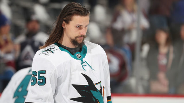 DENVER, CO - APRIL 30: Erik Karlsson #65 of the San Jose Sharks skates prior to the game against the Colorado Avalanche in Game Three of the Western Conference Second Round during the 2019 NHL Stanley Cup Playoffs at the Pepsi Center on April 30, 2019 in Denver, Colorado. The Sharks defeated the Avalanche 4-2.