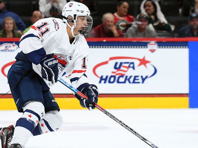 ST. PAUL, MN - SEPTEMBER 19: Team Langenbrunner forward Trevor Zegras (11) skates with the puck during the USA Hockey All-American Prospects Game between Team Leopold and Team Langenbrunner on September 19, 2018 at Xcel Energy Center in St. Paul, MN. Team Leopold defeated Team Langenbrunner 6-4.