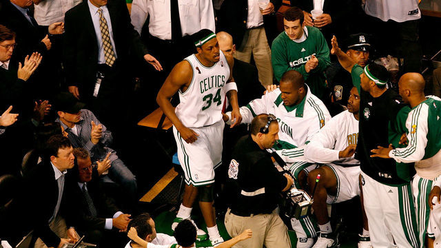 BOSTON - JUNE 05: Paul Pierce #34 of the Boston Celtics returns to the court after being taken off in a wheelchair in the third quarter of Game One of the 2008 NBA Finals against the Los Angeles Lakers on June 5, 2008 at TD Banknorth Garden in Boston, Massachusetts. NOTE TO USER: User expressly acknowledges and agrees that, by downloading and/or using this Photograph, user is consenting to the terms and conditions of the Getty Images License Agreement.