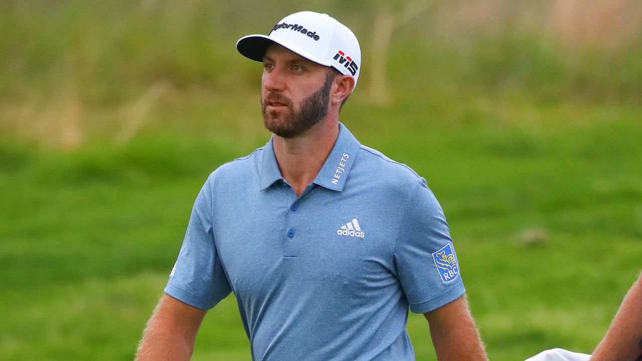 FARMINGDALE, NY - MAY 19: Dustin Johnson of the United States on the 18th hole during the final round of the 2019 PGA Championship at the Bethpage Black course with a score of 8 under par on May 19, 2019 in Farmingdale, New York.