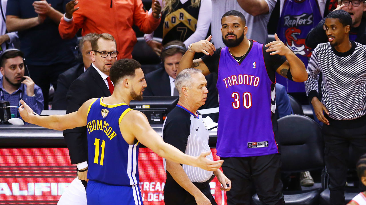 TORONTO, ONTARIO - MAY 30: Drake reacts during Game One of the 2019 NBA Finals between the Golden State Warriors and the Toronto Raptors at Scotiabank Arena on May 30, 2019 in Toronto, Canada.