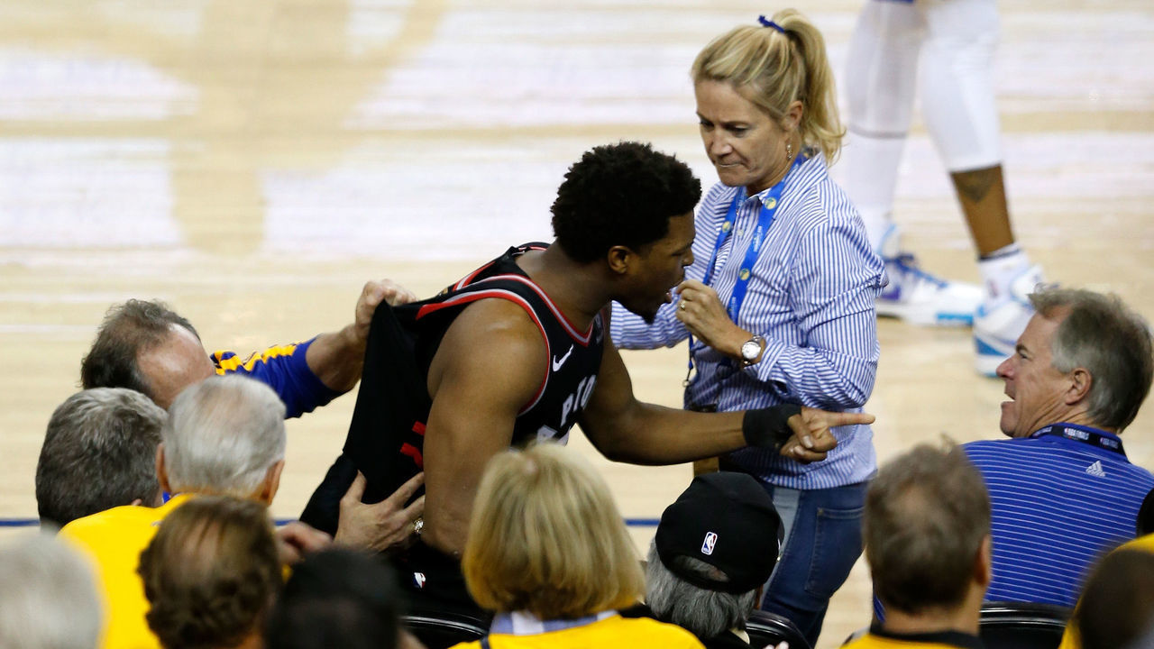 OAKLAND, CALIFORNIA - JUNE 05: Kyle Lowry #7 of the Toronto Raptors yells at a fan in the second half against the Golden State Warriors during Game Three of the 2019 NBA Finals at ORACLE Arena on June 05, 2019 in Oakland, California.