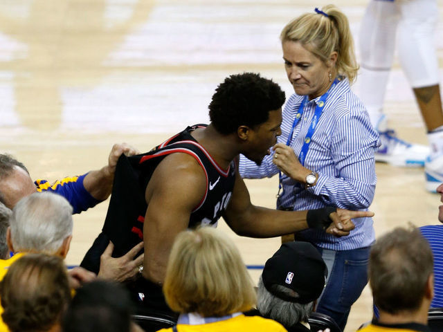 OAKLAND, CALIFORNIA - JUNE 05: Kyle Lowry #7 of the Toronto Raptors yells at a fan in the second half against the Golden State Warriors during Game Three of the 2019 NBA Finals at ORACLE Arena on June 05, 2019 in Oakland, California.
