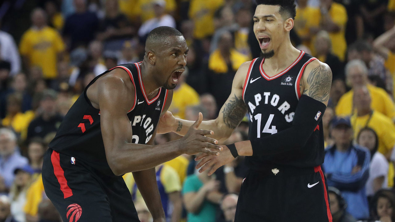 OAKLAND, CA- JUNE 5 - Toronto Raptors center Serge Ibaka (9) shouts for a shooting foul as Danny Green calms him as the Toronto Raptors beat the Golden State Warriors in game three of the NBA Finals at Oracle Arena in Oakland. June 5, 2019. (Steve Russell/Toronto Star via Getty Images)