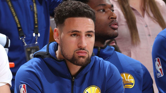 OAKLAND, CA - JUNE 5: Klay Thompson #11 of the Golden State Warriors looks on during Game Three of the NBA Finals against the Toronto Raptors on June 5, 2019 at ORACLE Arena in Oakland, California. NOTE TO USER: User expressly acknowledges and agrees that, by downloading and/or using this photograph, user is consenting to the terms and conditions of Getty Images License Agreement. Mandatory Copyright Notice: Copyright 2019 NBAE