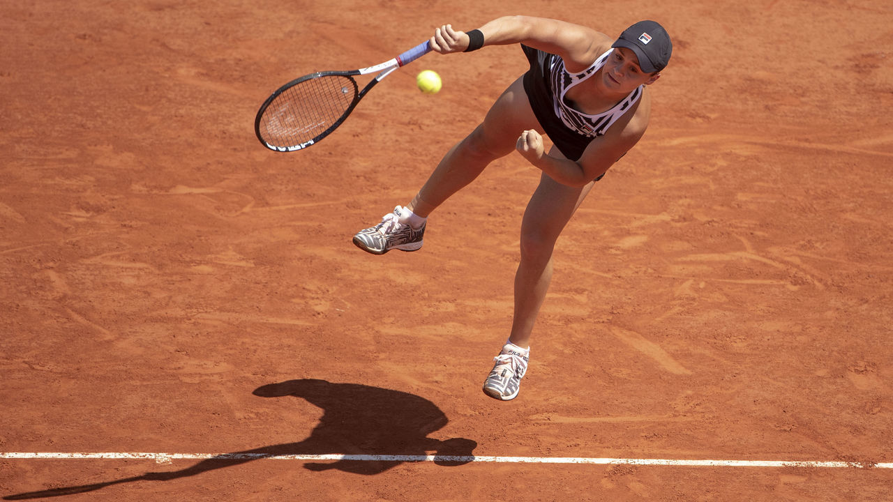 PARIS, FRANCE June 06. Ashleigh Barty of Australia in action against Madison Keys of the United States on Court Suzanne Lenglen during the Women's Singles Quarter Final match at the 2019 French Open Tennis Tournament at Roland Garros on June 6th 2019 in Paris, France.