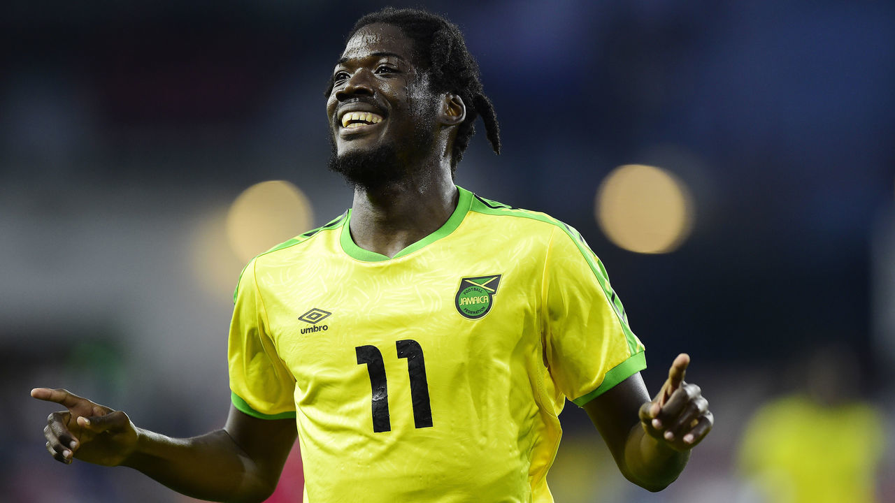 WASHINGTON, DC - JUNE 05: Shamar Nicholson #11 of Jamaica celebrates after scoring a goal in the second half against the United States during an International Friendly at Audi Field on June 5, 2019 in Washington, DC.