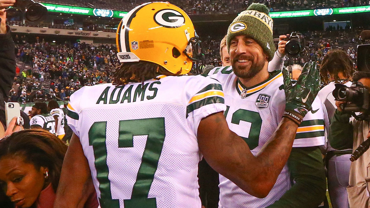 EAST RUTHERFORD, NJ - DECEMBER 23: Green Bay Packers quarterback Aaron Rodgers (12) and Green Bay Packers wide receiver Davante Adams (17) after the National Football League game between the New York Jets and the Green Bay Packers on December 23, 2018 at MetLife Stadium in East Rutherford, NJ.