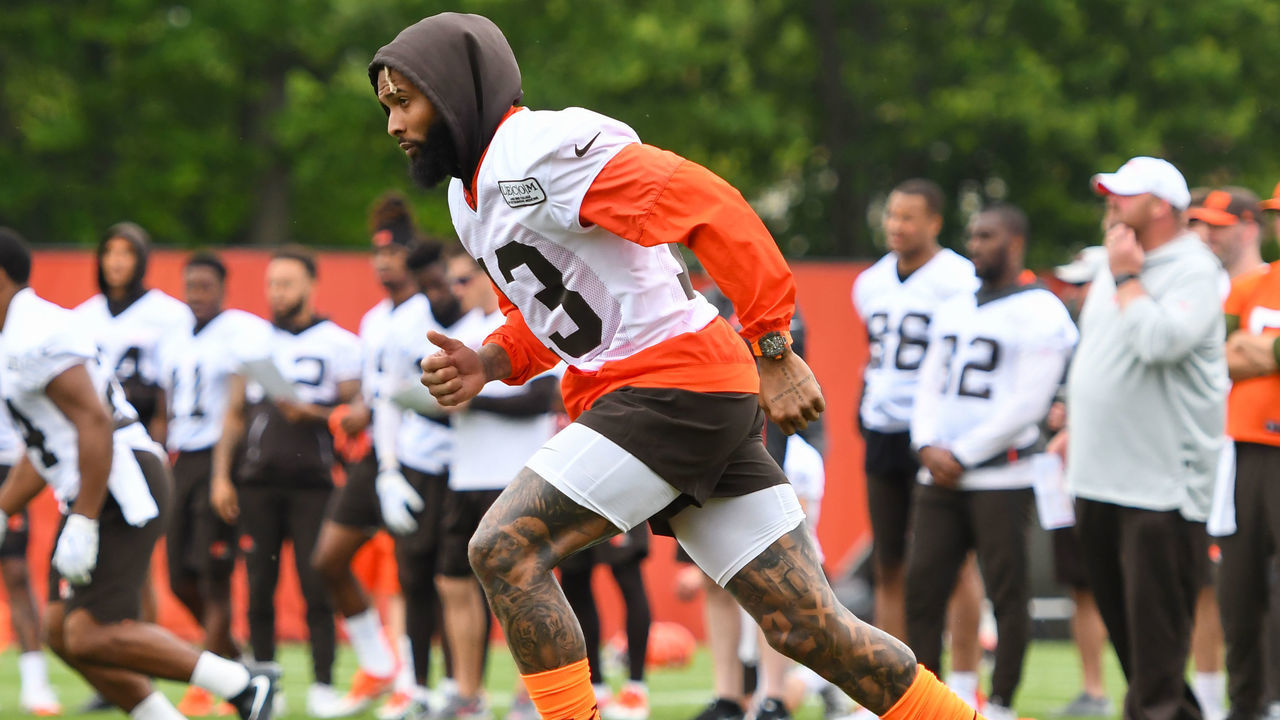 BEREA, OH - JUNE 4, 2019: Wide receiver Odell Beckham Jr. #13 of the Cleveland Browns runs a route during a mandatory mini camp practice on June 4, 2019 at the Cleveland Browns training facility in Berea, Ohio. (Photo by: 2019 Nick Cammett/Diamond Images/Getty Images)