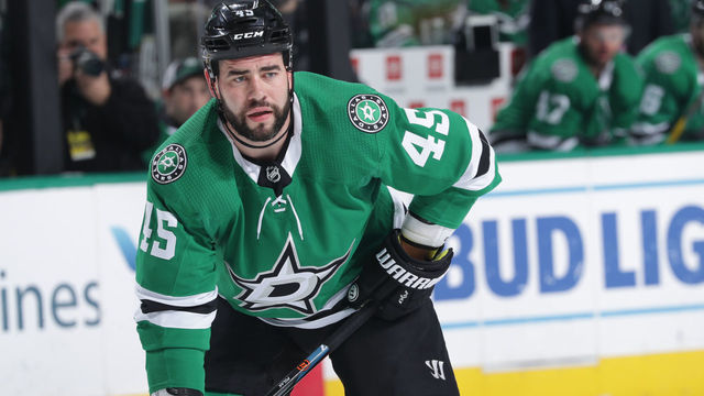 DALLAS, TX - APRIL 6: Roman Polak #45 of the Dallas Stars skates against the Minnesota Wild at the American Airlines Center on April 6, 2019 in Dallas, Texas.