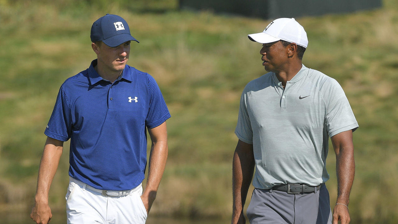 NEWTOWN SQUARE, PA - SEPTEMBER 06 : Jordan Spieth and Tiger Woods walk along the eighth hole during the first round of the BMW Championship at Aronimink Golf Club on September 6, 2018 in Newtown Square, Pennsylvania.