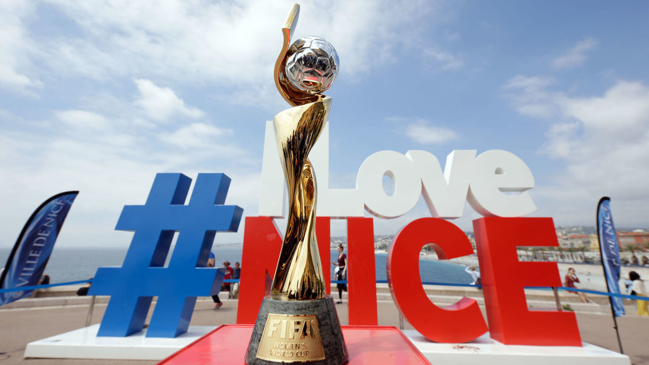 NICE, FRANCE - MAY 23: The FIFA WWC trophy is displayed in front of the #ILOVENICE sculptureduring the FIFA Women's World Cup France 2019 National Trophy Tour on May 23, 2019 in Nice, France.