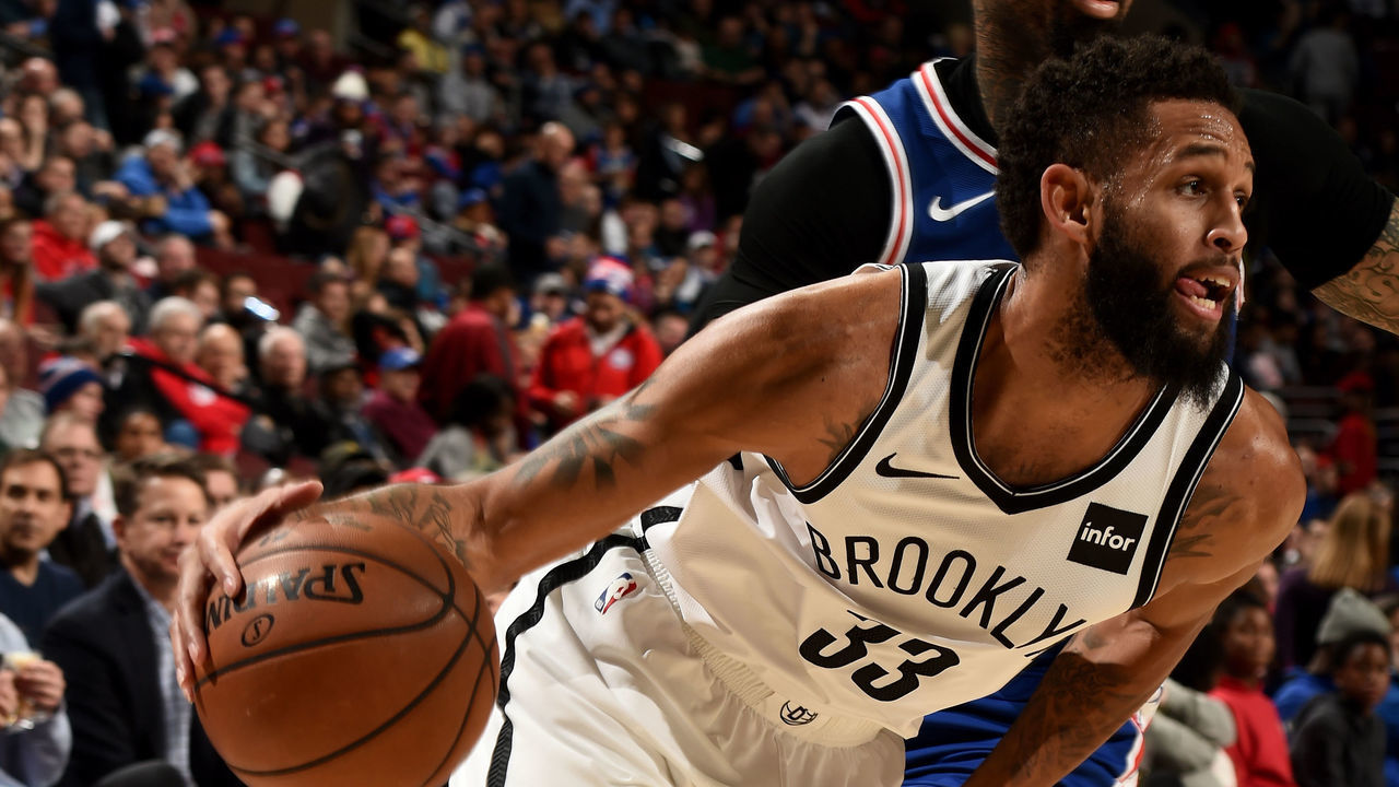 PHILADELPHIA, PA - DECEMBER 12: Allen Crabbe #33 of the Brooklyn Nets drives to the basket during the game against the Philadelphia 76ers on December 12, 2018 at the Wells Fargo Center in Philadelphia, Pennsylvania NOTE TO USER: User expressly acknowledges and agrees that, by downloading and/or using this Photograph, user is consenting to the terms and conditions of the Getty Images License Agreement. Mandatory Copyright Notice: Copyright 2018 NBAE