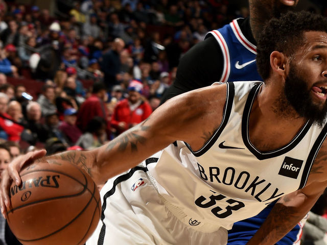 PHILADELPHIA, PA - DECEMBER 12: Allen Crabbe #33 of the Brooklyn Nets drives to the basket during the game against the Philadelphia 76ers on December 12, 2018 at the Wells Fargo Center in Philadelphia, Pennsylvania NOTE TO USER: User expressly acknowledges and agrees that, by downloading and/or using this Photograph, user is consenting to the terms and conditions of the Getty Images License Agreement. Mandatory Copyright Notice: Copyright 2018 NBAE