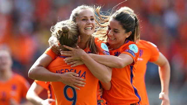 6 August 2017 - UEFA Womens EURO 2017 Final - Netherlands v Denmark - Lieke Martens of Netherlands Women (centre) celebrates scoring their 2nd goal with Vivianne Miedema of Netherlands Women (9) and Danielle Van de Donk of Netherlands Women- .