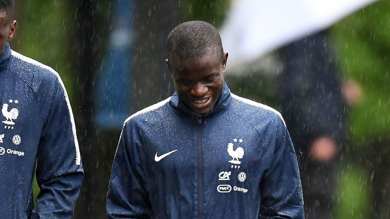 France's national football midfielders (from L) Blaise Matuidi, N'Golo Kante and Paul Pogba arrive for a training session in Clairefontaine en Yvelines on June 5, 2019 as part of the team's preparation for the upcoming Euro 2020 qualification matches against Turkey and Andorra.