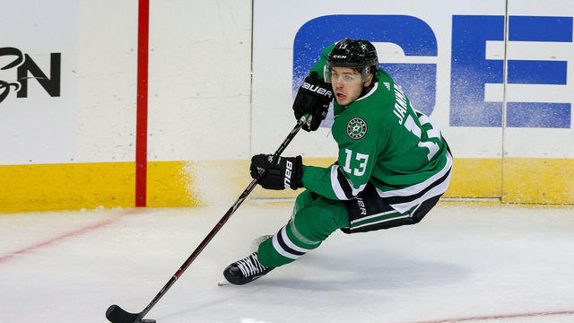 DALLAS, TX - APRIL 29: Dallas Stars center Mattias Janmark (13) sets up a short-handed goal during the game between the St. Louis Blues and the Dallas Stars on April 29, 2019 at American Airlines Center in Dallas, TX.