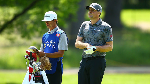 HAMILTON, ONTARIO - JUNE 06: Keegan Bradley of the United States talks with his caddie on the 14th hole during the first round of the RBC Canadian Open at Hamilton Golf and Country Club on June 06, 2019 in Hamilton, Canada.