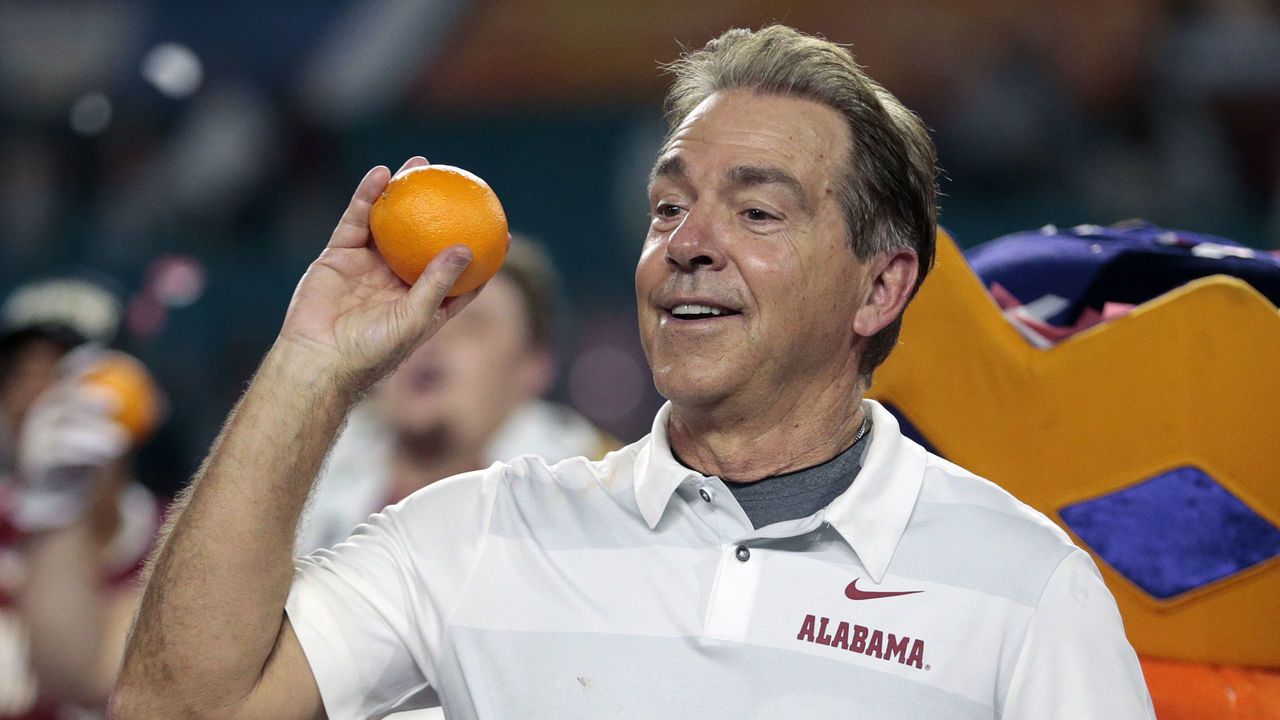 MIAMI GARDENS, FL - DECEMBER 29: Head coach Nick Saban of the Alabama Crimson Tide celebrates the victory against the Oklahoma Sooners during the College Football Playoff Semifinal at the Capital One Orange Bowl at Hard Rock Stadium on December 29, 2018 in Miami Gardens, Florida.