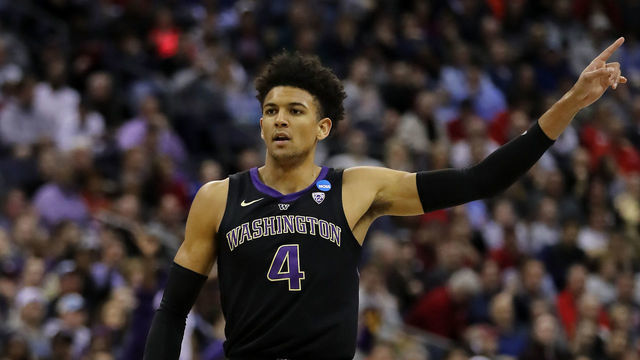 COLUMBUS, OHIO - MARCH 22: Matisse Thybulle #4 of the Washington Huskies reacts as they take on the Utah State Aggies during the first half of the game in the first round of the 2019 NCAA Men's Basketball Tournament at Nationwide Arena on March 22, 2019 in Columbus, Ohio.