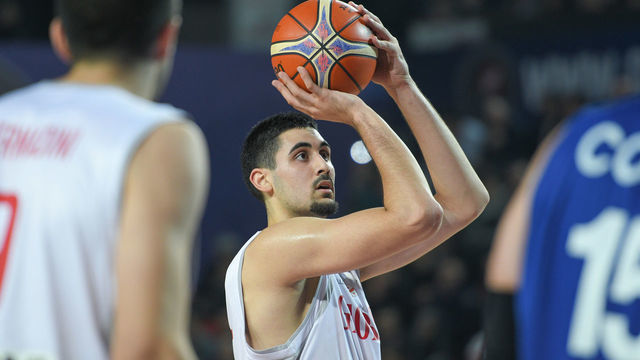 TBILISI, GEORGIA - DECEMBER 03: Goga Bitadze of Georgia shoots the ball during the FIBA Basketball World Cup 2019 European Qualifier match between Georgia and Israel at Tbilisi Sports Palace on December 3, 2018 in Tbilisi, Georgia.