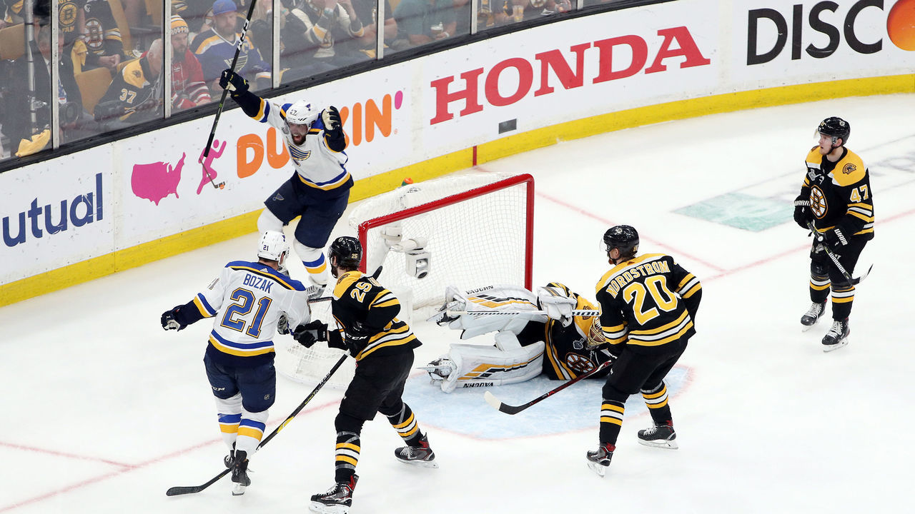 BOSTON, MASSACHUSETTS - JUNE 06: David Perron #57 of the St. Louis Blues celebrates his third period goal against Tuukka Rask #40 of the Boston Bruins in Game Five of the 2019 NHL Stanley Cup Final at TD Garden on June 06, 2019 in Boston, Massachusetts.
