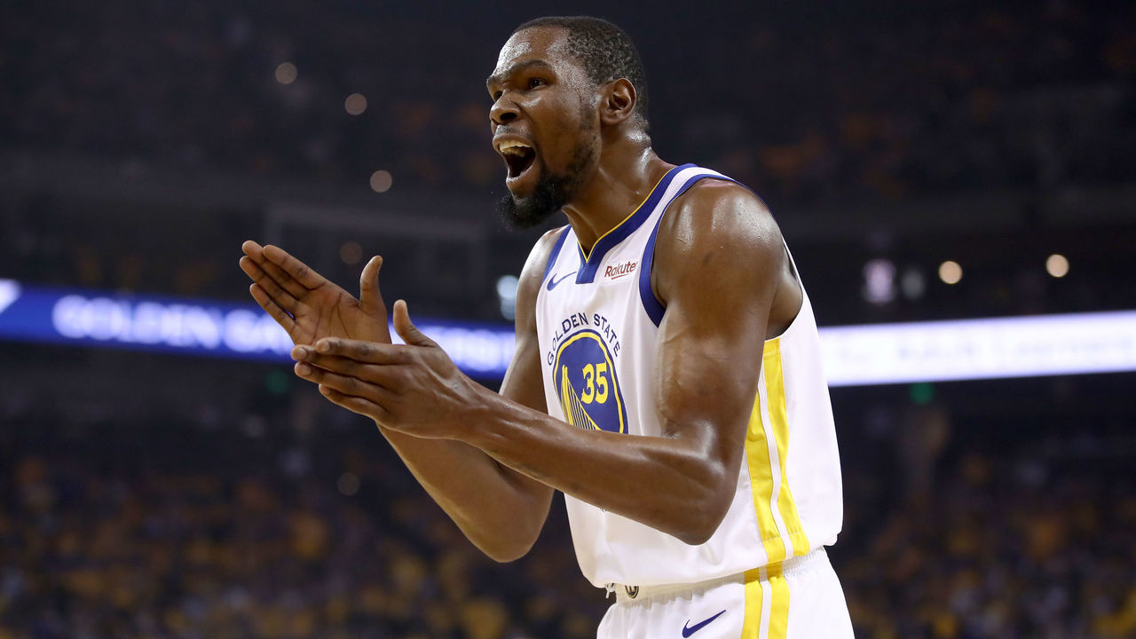 OAKLAND, CALIFORNIA - MAY 08: Kevin Durant #35 of the Golden State Warriors reacts during their game against the Houston Rockets in Game Five of the Western Conference Semifinals of the 2019 NBA Playoffs at ORACLE Arena on May 08, 2019 in Oakland, California.