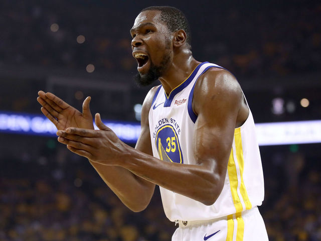 OAKLAND, CALIFORNIA - MAY 08: Kevin Durant #35 of the Golden State Warriors reacts during their game against the Houston Rockets in Game Five of the Western Conference Semifinals of the 2019 NBA Playoffs at ORACLE Arena on May 08, 2019 in Oakland, California.
