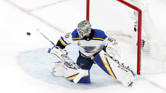 BOSTON, MA - JUNE 06: St. Louis Blues goalie Jordan Binnington (50) makes a save during Game 5 of the Stanley Cup Final between the Boston Bruins and the St. Louis Blues on June 6, 2019, at TD Garden in Boston, Massachusetts.