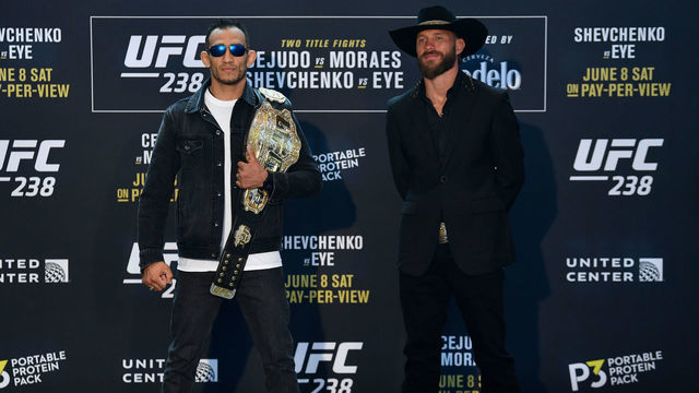 CHICAGO, IL - JUNE 06: (L-R) Tony Ferguson and Donald Cerrone face off for the media during the UFC 238 Ultimate Media Day at the United Center on June 6, 2019 in Chicago, Illinois.