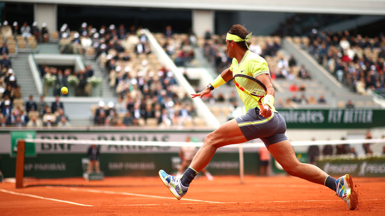PARIS, FRANCE - JUNE 07: Rafael Nadal of Spain plays a forehand during his mens singles semi-final match against Roger Federer of Switzerland during Day thirteen of the 2019 French Open at Roland Garros on June 07, 2019 in Paris, France.