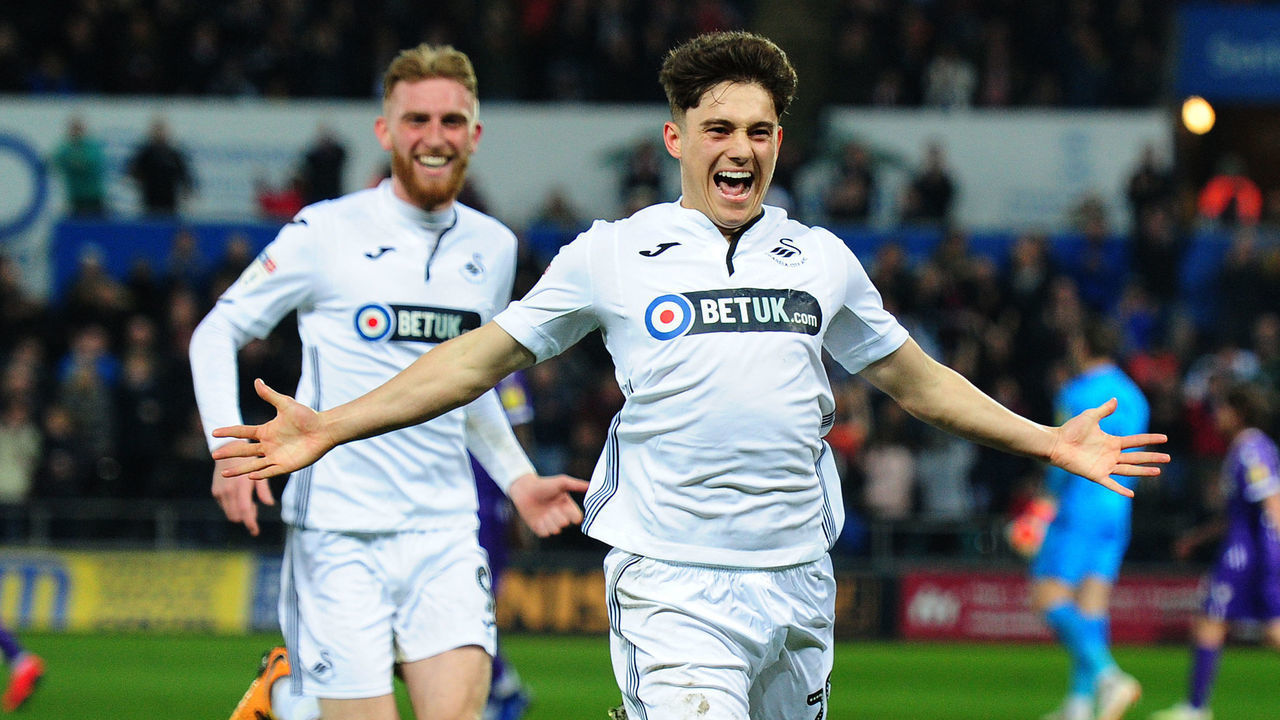 SWANSEA, WALES - APRIL 09: Daniel James of Swansea City celebrates scoring the opening goal during the Sky Bet Championship match between Swansea City and Stoke City at the Liberty Stadium on April 09, 2019 in Swansea, Wales.
