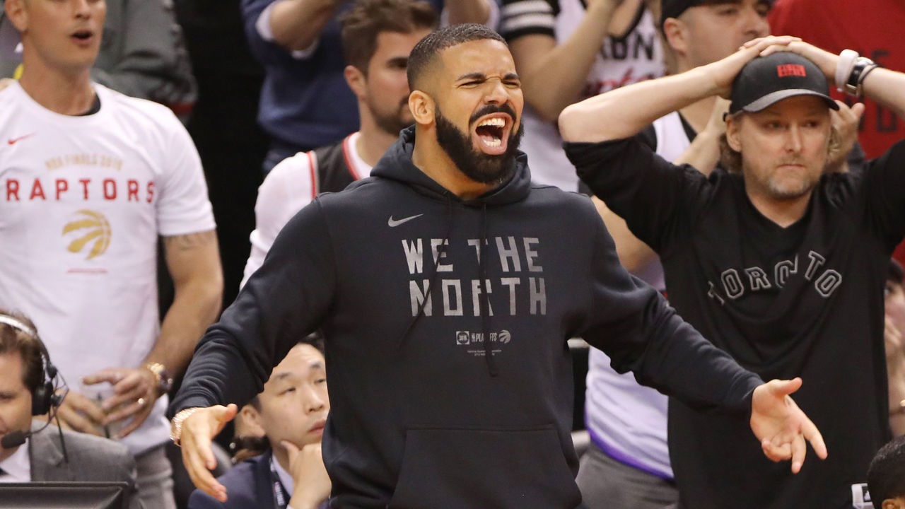 TORONTO, CANADA - JUNE 2: Drake reacts during Game Two of the NBA Finals between the Golden State Warriors and Toronto Raptors on June 2, 2019 at Scotiabank Arena in Toronto, Ontario, Canada. NOTE TO USER: User expressly acknowledges and agrees that, by downloading and/or using this photograph, user is consenting to the terms and conditions of the Getty Images License Agreement. Mandatory Copyright Notice: Copyright 2019 NBAE