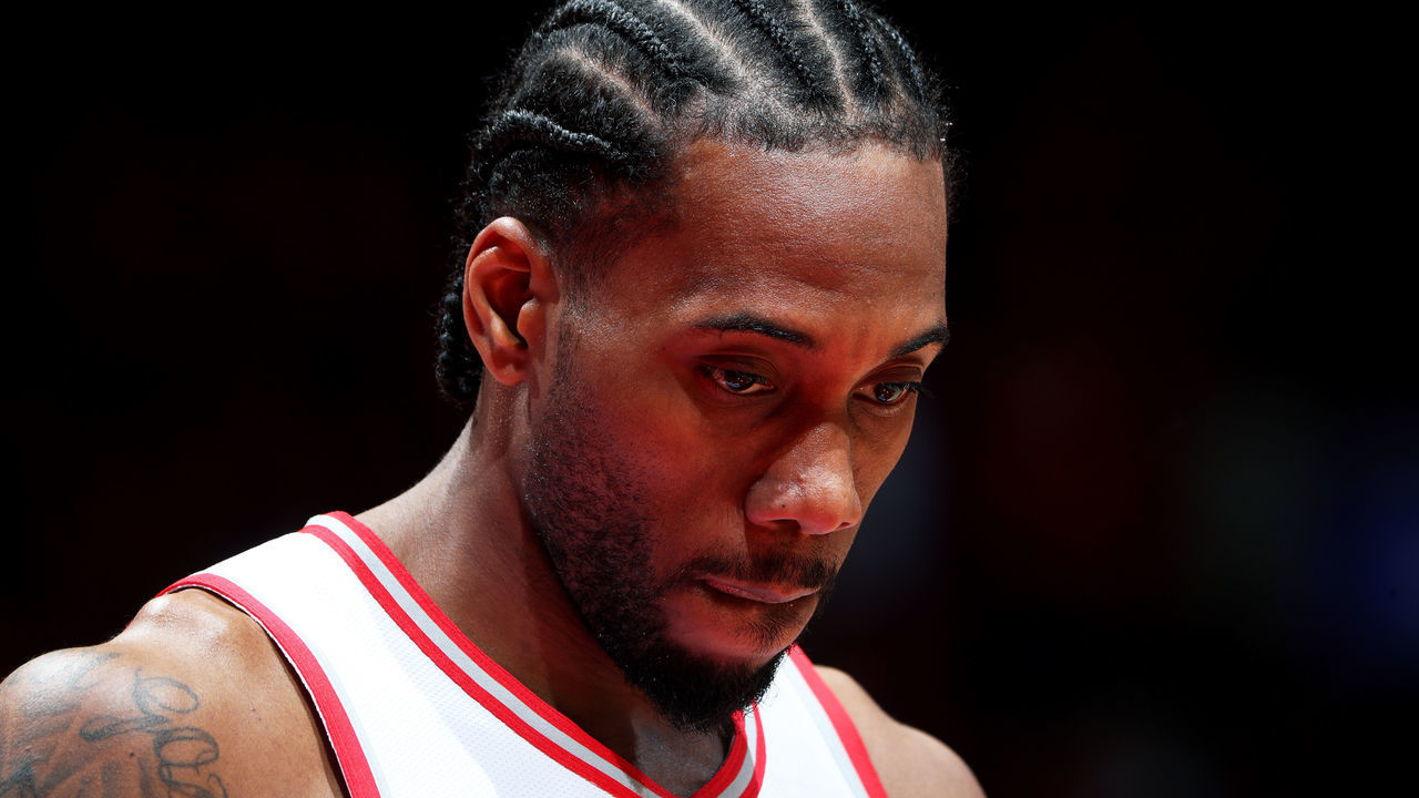 TORONTO, CANADA - JUNE 2: Kawhi Leonard #2 of the Toronto Raptors looks on against the Golden State Warriors during Game Two of the NBA Finals on June 2, 2019 at Scotiabank Arena in Toronto, Ontario, Canada. NOTE TO USER: User expressly acknowledges and agrees that, by downloading and/or using this photograph, user is consenting to the terms and conditions of the Getty Images License Agreement. Mandatory Copyright Notice: Copyright 2019 NBAE