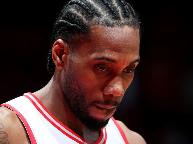 TORONTO, CANADA - JUNE 2: Kawhi Leonard #2 of the Toronto Raptors looks on against the Golden State Warriors during Game Two of the NBA Finals on June 2, 2019 at Scotiabank Arena in Toronto, Ontario, Canada. NOTE TO USER: User expressly acknowledges and agrees that, by downloading and/or using this photograph, user is consenting to the terms and conditions of the Getty Images License Agreement. Mandatory Copyright Notice: Copyright 2019 NBAE