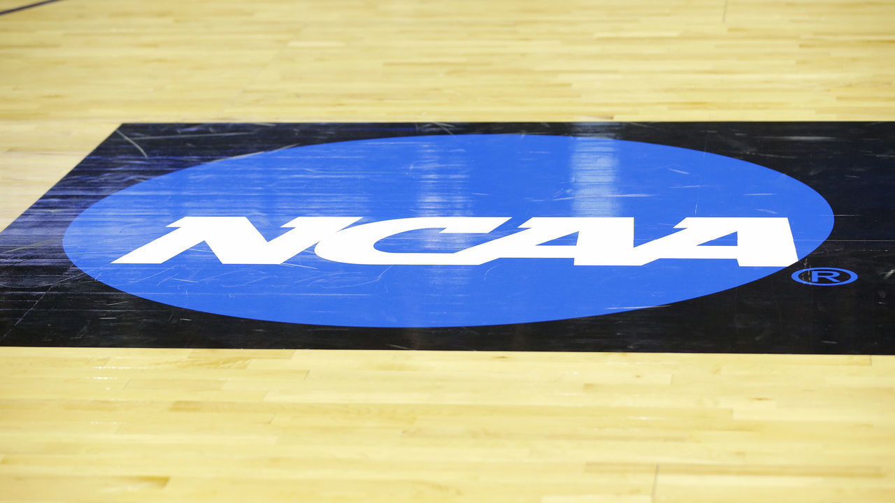 EVANSVILLE, IN - MARCH 30: The NCAA Logo on display prior to the NCAA Division II Final Four Championship basketball game between the Northwest Missouri State Bearcats and the Point Loma Sea Lions on March 30, 2019, at the Ford Center in Evansville, Indiana.