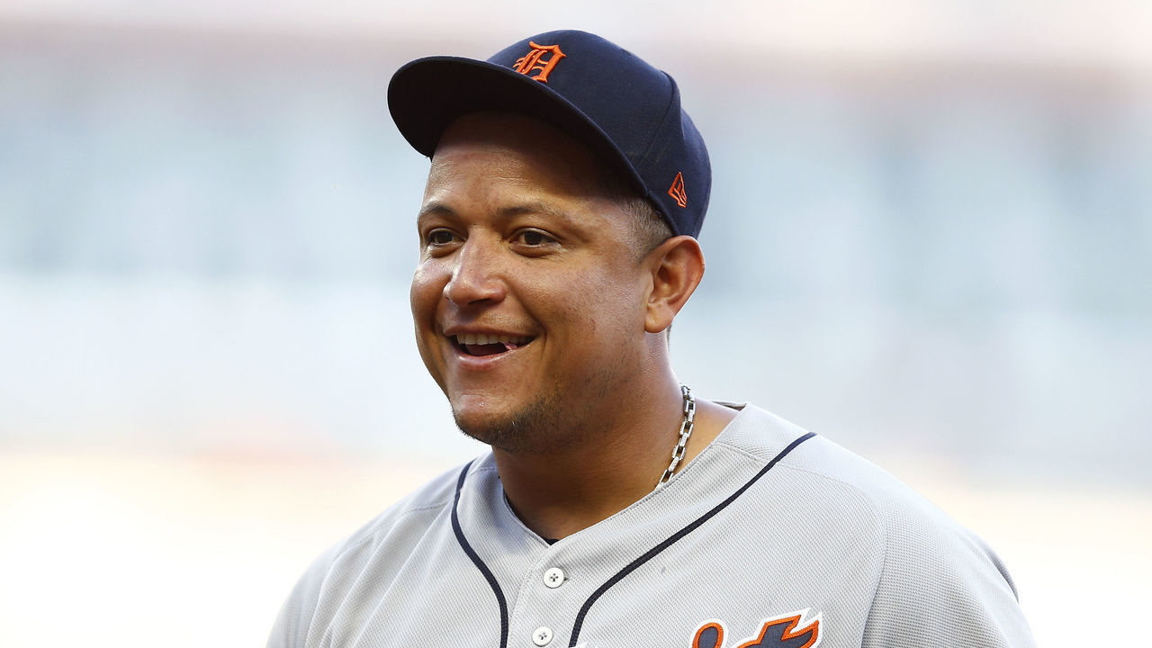 ATLANTA, GEORGIA - MAY 31: First baseman Miguel Cabrera #24 of the Detroit Tigers looks into the first base dugout in the second inning during the game against the Atlanta Braves at SunTrust Park on May 31, 2019 in Atlanta, Georgia.