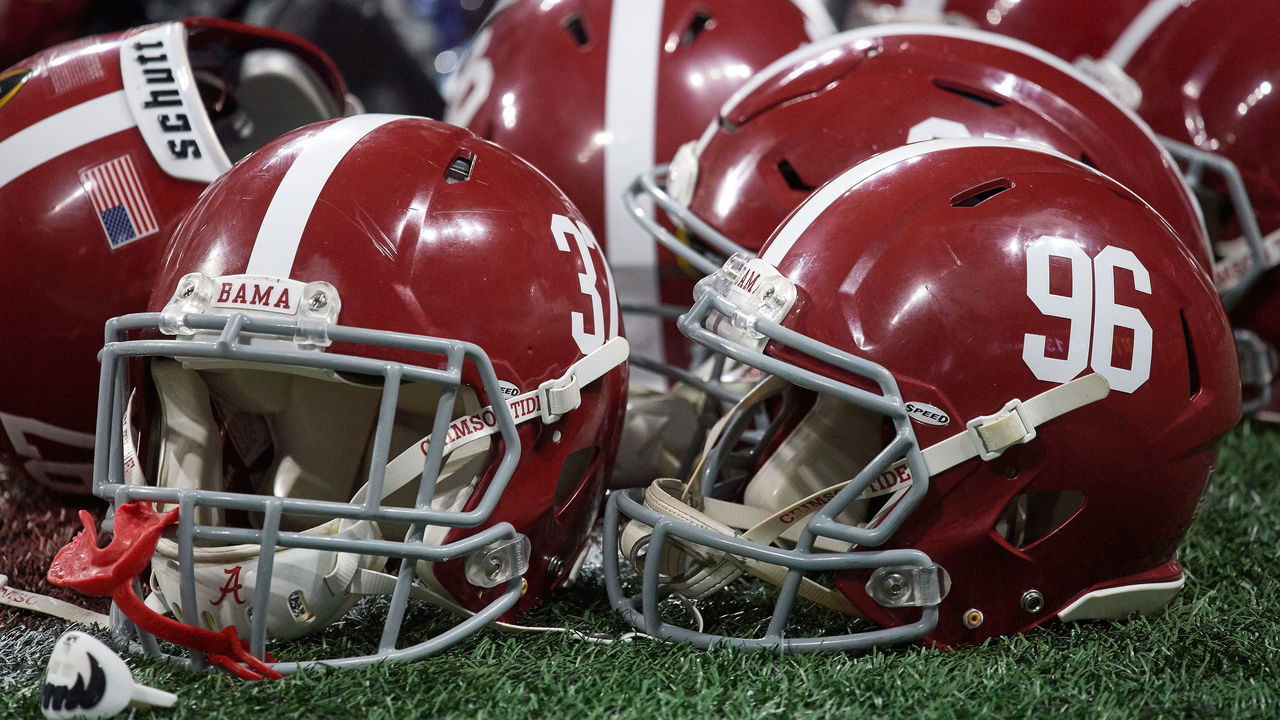 ATLANTA, GA - JANUARY 08: A detailed view of several Alabama Crimson Tide helmets rest on the field during the College Football Playoff National Championship Game between the Alabama Crimson Tide and the Georgia Bulldogs on January 8, 2018 at Mercedes-Benz Stadium in Atlanta, GA.