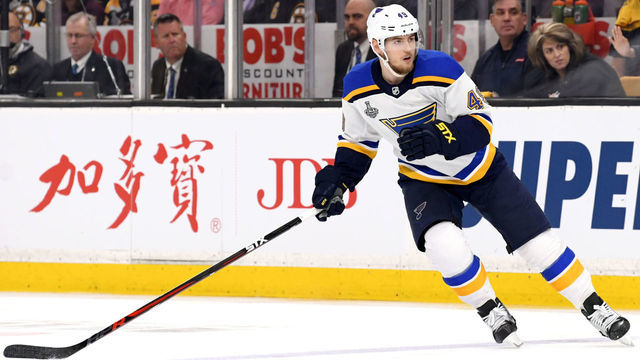 BOSTON, MASSACHUSETTS - MAY 29: Ivan Barbashev #49 of the St. Louis Blues plays against the Boston Bruins during Game Two of the 2019 NHL Stanley Cup Final at TD Garden on May 29, 2019 in Boston, Massachusetts.