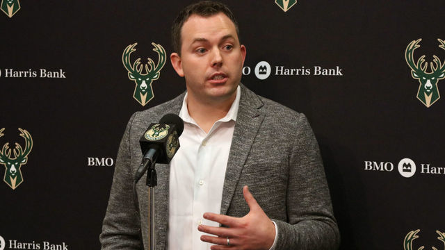 MILWAUKEE, WI - JANUARY 22: Jon Horst, general manager of the Milwaukee Bucks, speaks to the media before the game against the Phoenix Suns on January 22, 2018 at the BMO Harris Bradley Center in Milwaukee, Wisconsin. Mandatory Copyright Notice: Copyright 2018 NBAE