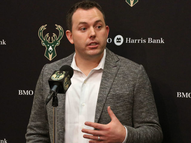 MILWAUKEE, WI - JANUARY 22: Jon Horst, general manager of the Milwaukee Bucks, speaks to the media before the game against the Phoenix Suns on January 22, 2018 at the BMO Harris Bradley Center in Milwaukee, Wisconsin. Mandatory Copyright Notice: Copyright 2018 NBAE