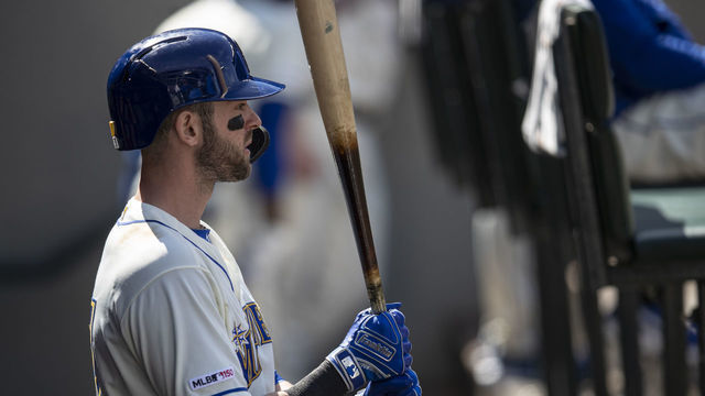 SEATTLE, WA - MAY 19: Mitch Haniger #17 of the Seattle Mariners stands in the dugout with a bat in hand during a game against the Minnesota Twins at T-Mobile Park on May 19, 2019 in Seattle, Washington. The Mariners won 7-4.