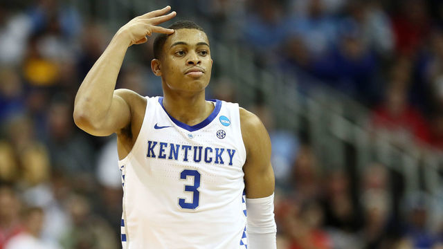 KANSAS CITY, MISSOURI - MARCH 29: Keldon Johnson #3 of the Kentucky Wildcats gestures against the Houston Cougars during the 2019 NCAA Basketball Tournament Midwest Regional at Sprint Center on March 29, 2019 in Kansas City, Missouri.