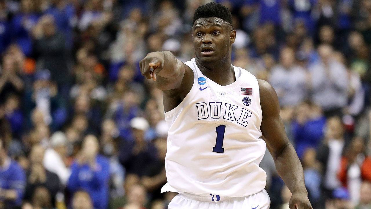 WASHINGTON, DC - MARCH 31: Zion Williamson #1 of the Duke Blue Devils reacts against the Michigan State Spartans during the second half in the East Regional game of the 2019 NCAA Men's Basketball Tournament at Capital One Arena on March 31, 2019 in Washington, DC.