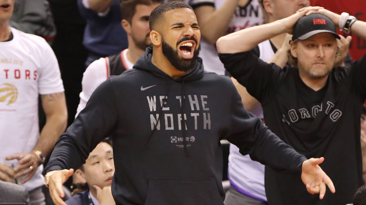 TORONTO, CANADA - JUNE 2: Drake reacts during Game Two of the NBA Finals between the Golden State Warriors and Toronto Raptors on June 2, 2019 at Scotiabank Arena in Toronto, Ontario, Canada. NOTE TO USER: User expressly acknowledges and agrees that, by downloading and/or using this photograph, user is consenting to the terms and conditions of the Getty Images License Agreement. Mandatory Copyright Notice: Copyright 2019 NBAE