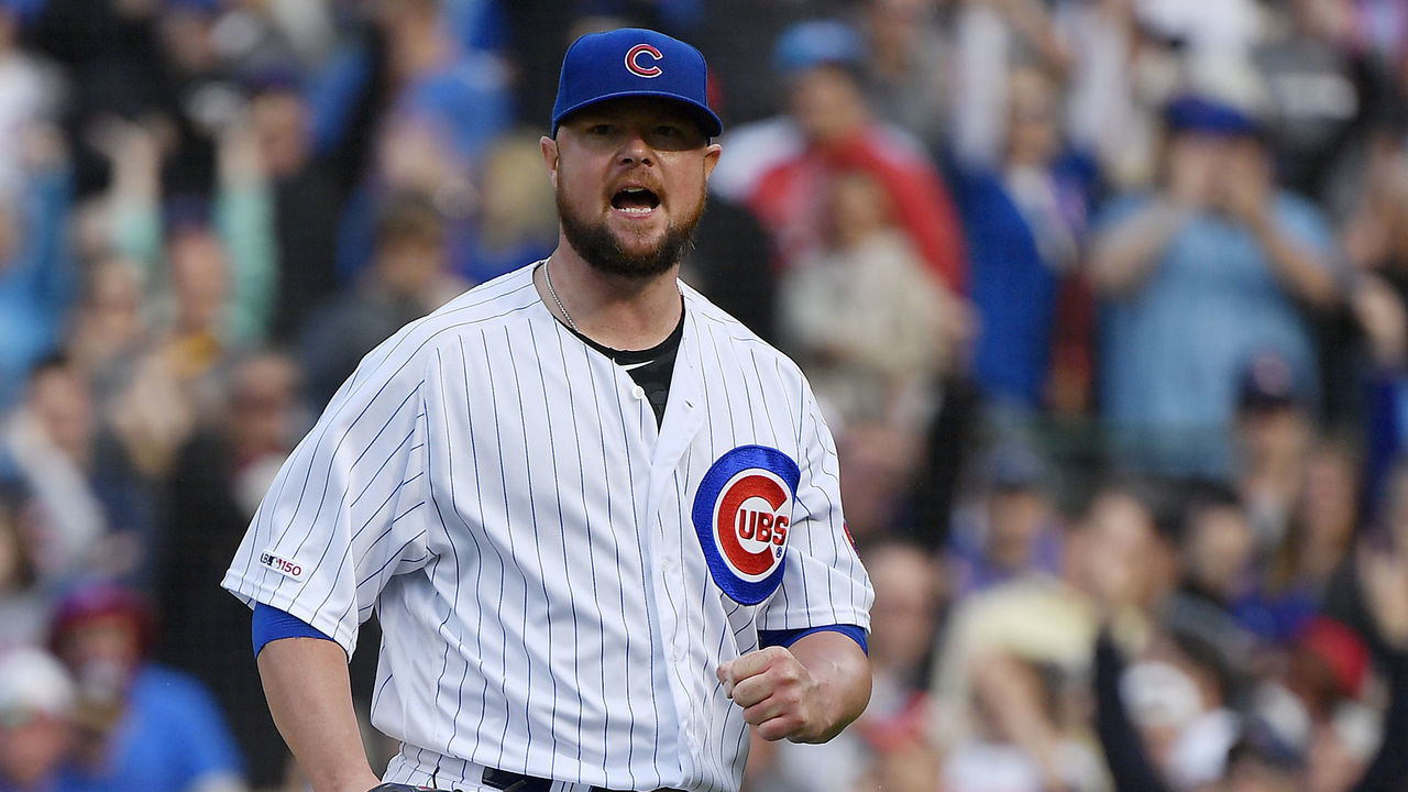 CHICAGO, ILLINOIS - JUNE 03: Jon Lester #34 of the Chicago Cubs reacts after the seventh inning against the Los Angeles Angels at Wrigley Field on June 03, 2019 in Chicago, Illinois.